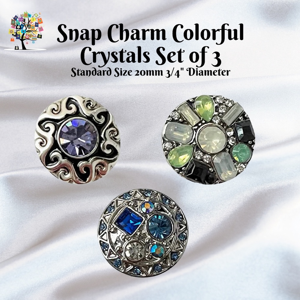 Snap Charm Colorful Crystals Set of 3 Standard Size 20mm 3/4" Diameter